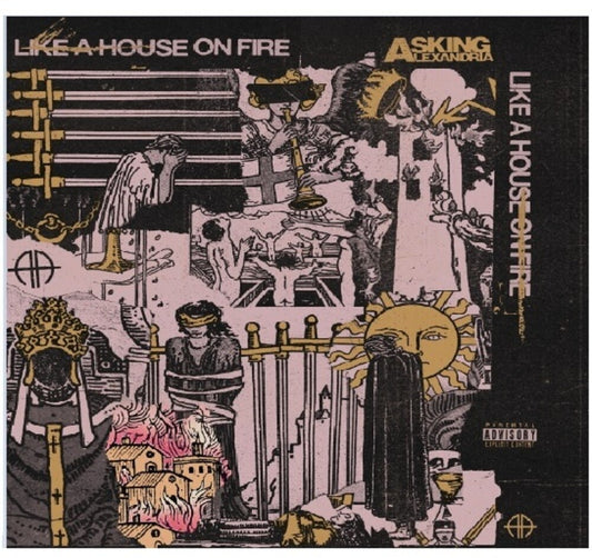 the album cover for Asking Alexandria - Like A House On Fire [Indie Exclusive Limited Edition [Translucent Royal Blue w/ Pink Splatter LP]