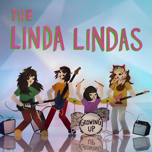 the album cover for The Linda Lindas - Growing Up [Indie Exclusive Limited Edition Clear w/ Blue-Pink Splatter LP]