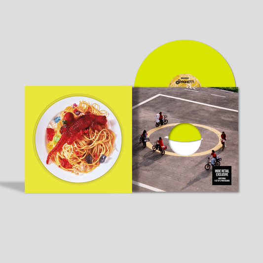 the album cover for LE SSERAFIM - 1st Single Album 'SPAGHETTI' (Indie Exclusive) [Neon Yellow + Photocards]