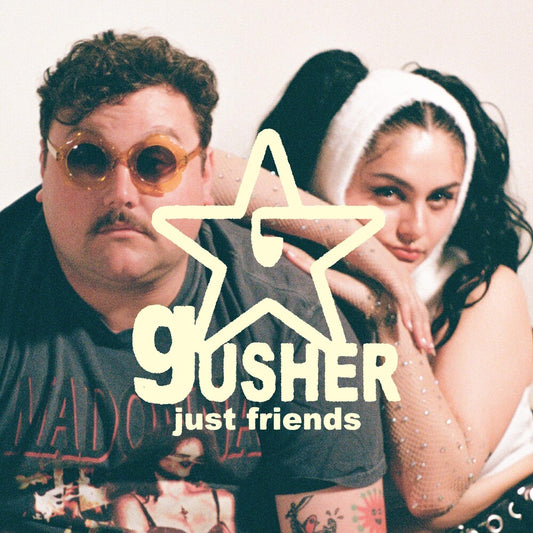 the album cover for Just Friends - Gusher [Indie Exclusive Limited Edition Purple w/Bone & White Splatter LP]