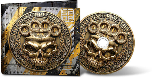 the album cover for Five Finger Death Punch - Legacy [Indie Exclusive Alternate Cover with Gold Disc]